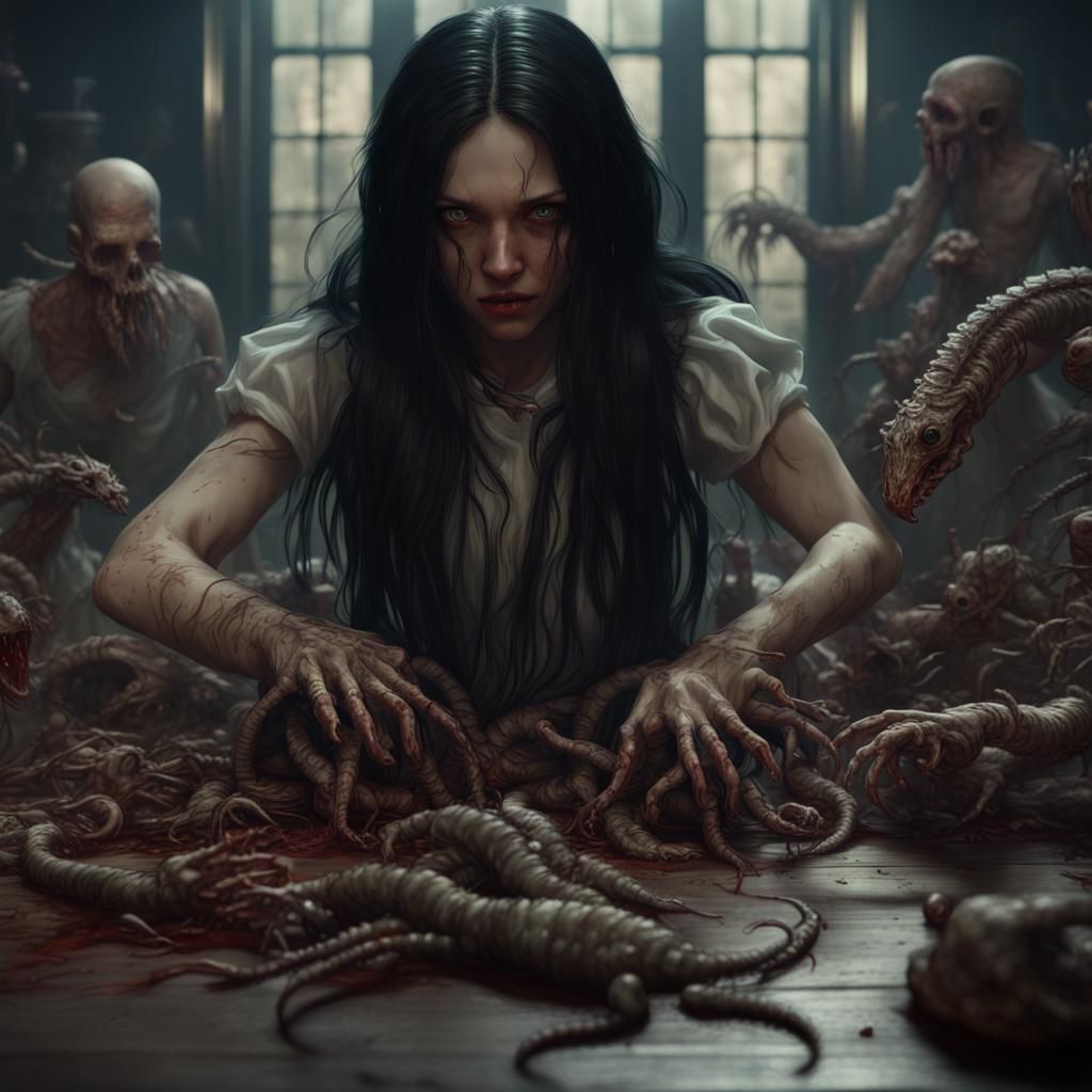 Pale Girl Vomiting Worms: Detailed Matte Painting