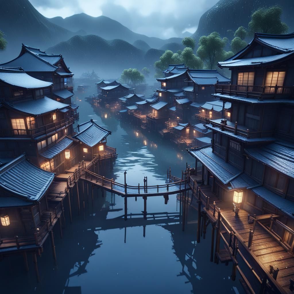 Japanese Town on Water in Cinematic 3D