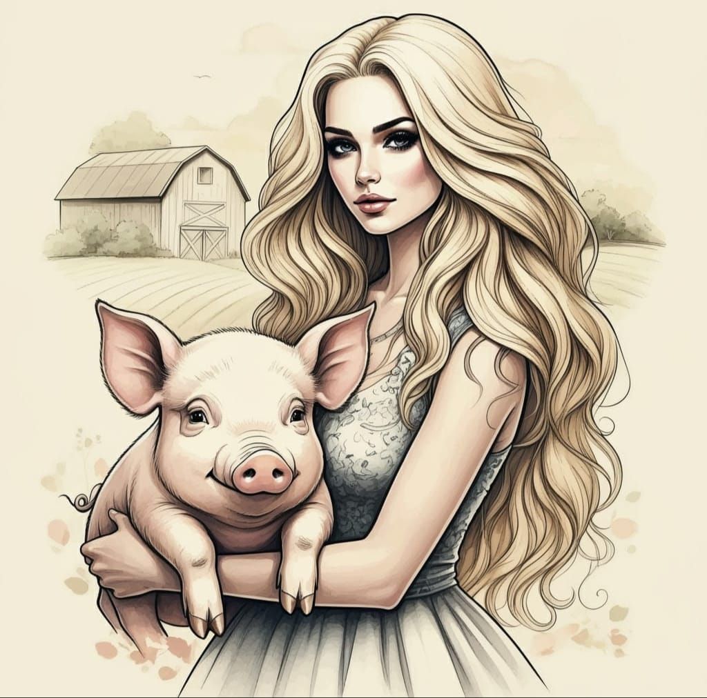 Elegant Lady with Pig in a Whimsical Farm Scene, in Comic Bo...