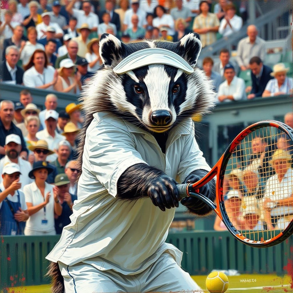 Badger Returns Serve on Wimbledon Court as Impasto Painting