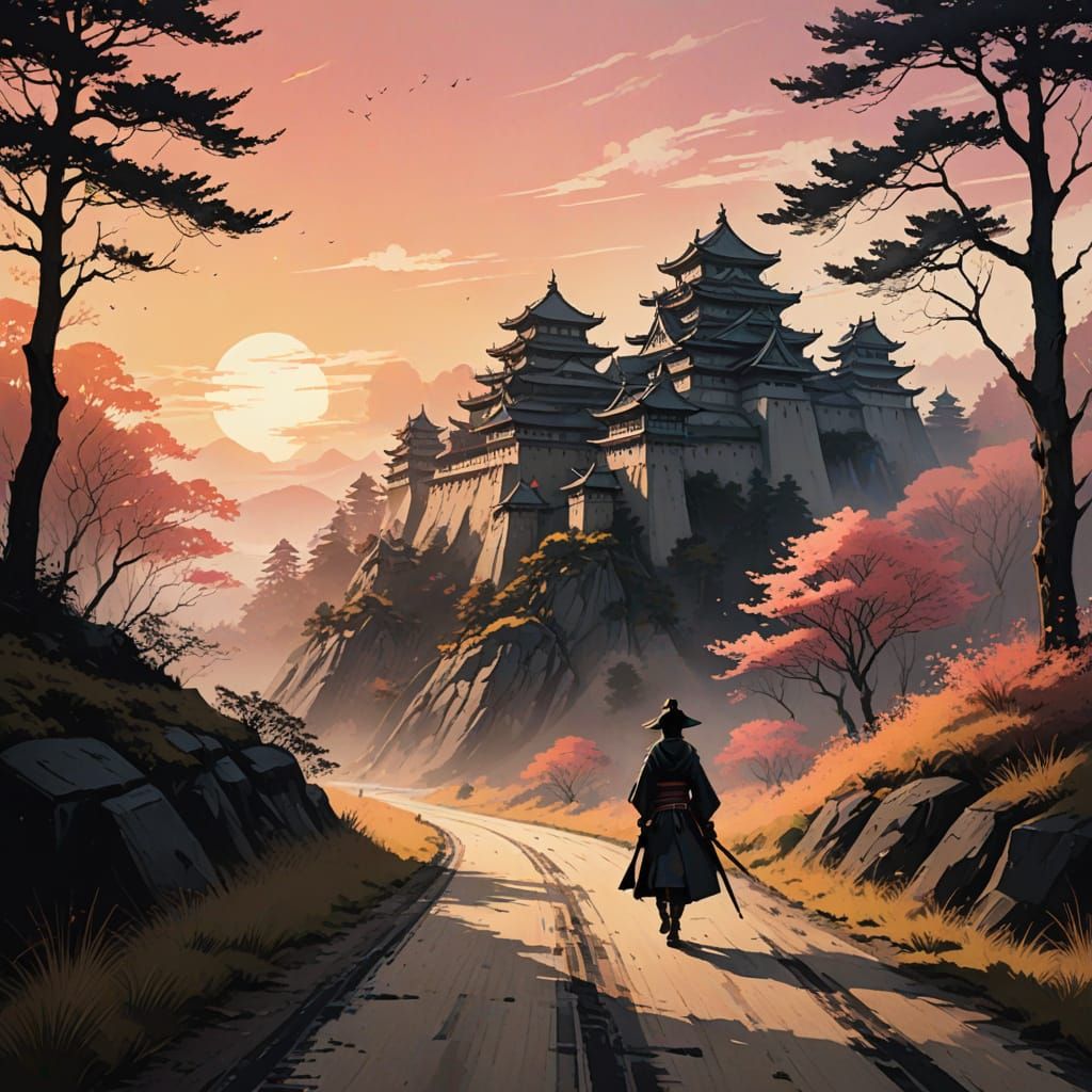 Elegant Samurai Warrior Embarks on Quest Under Golden Hour