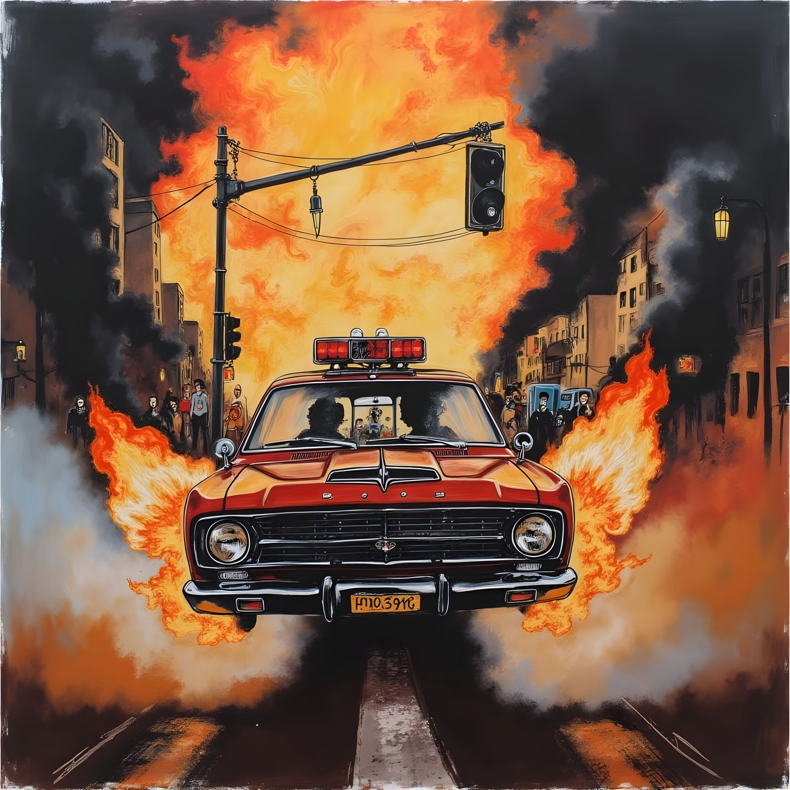 Street Car Racing with Fire and Smoke