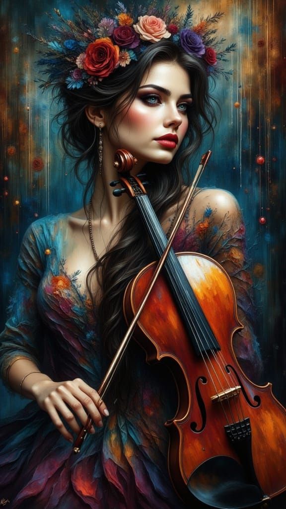 Enchanting Bohemian Gypsy Pinup Violinist in Dreamlike Abstr...