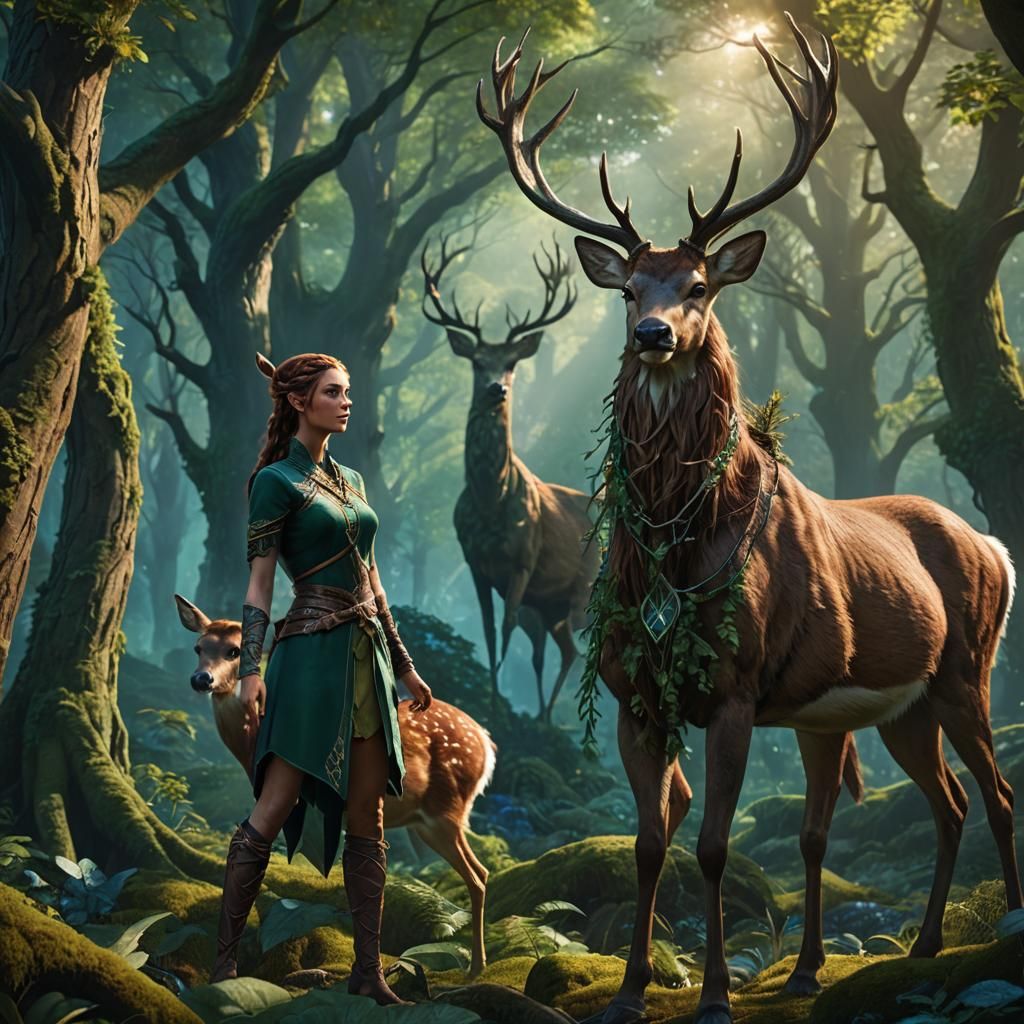 Elven and Deer in Mystical Forest Art