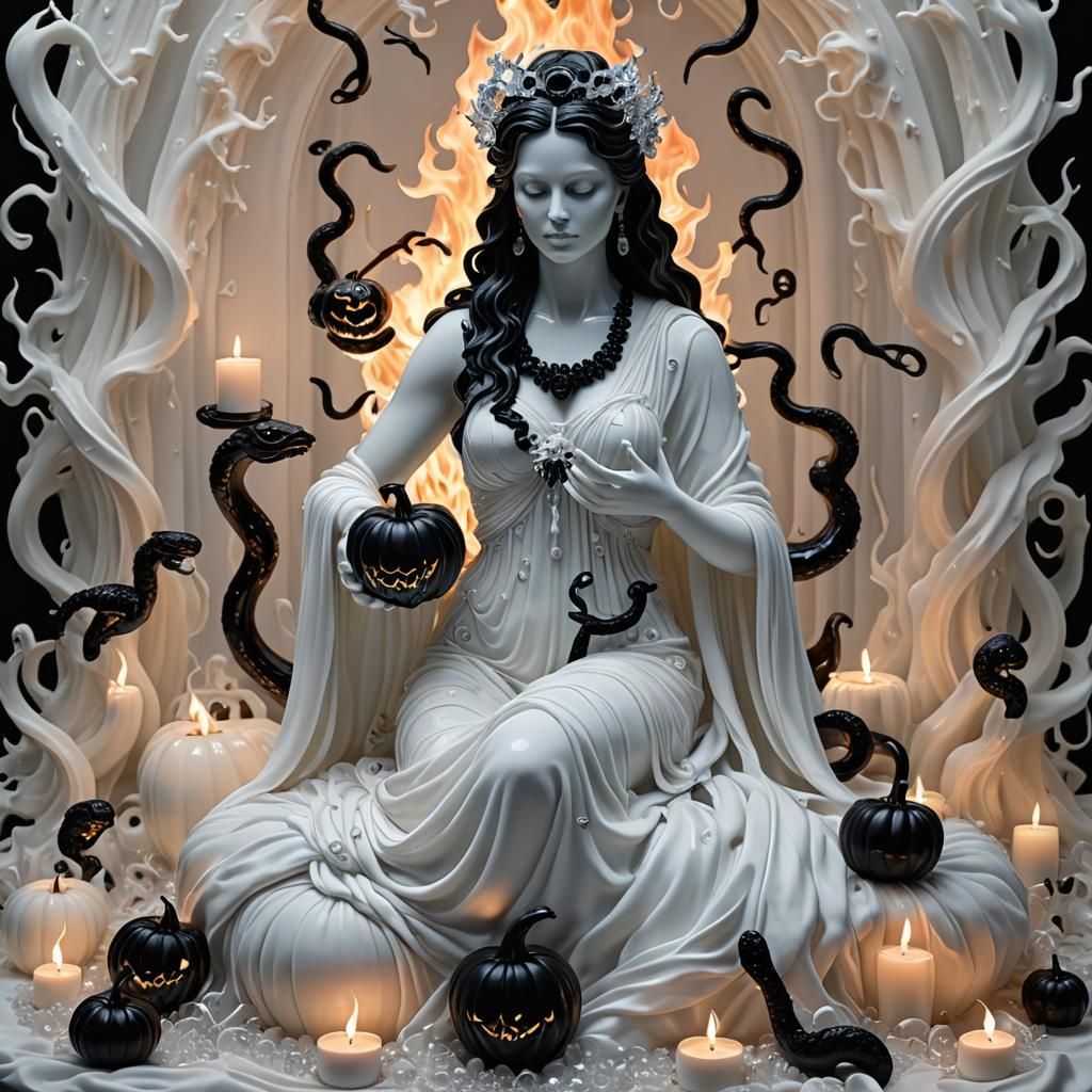 Crystal Goddess with Glass Flames in Surreal Setting