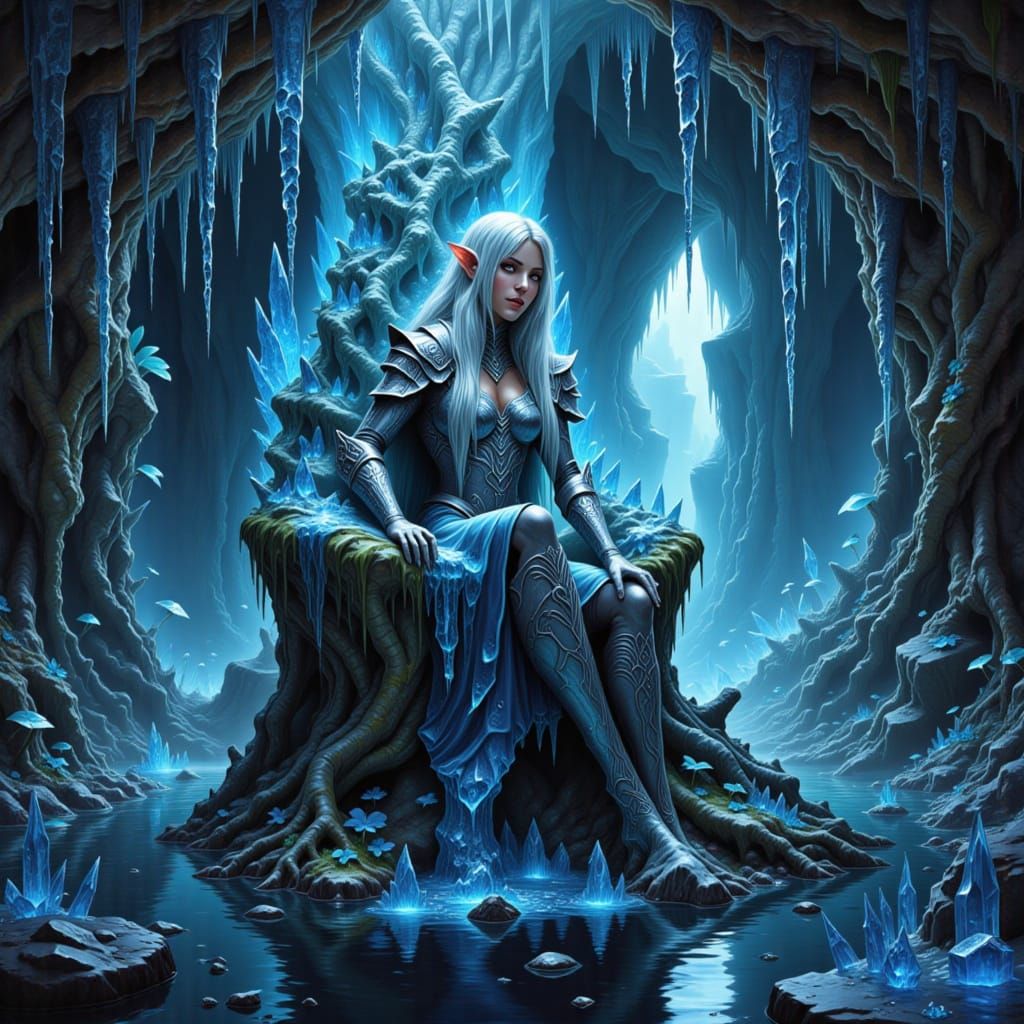 A Snow Elf Queen peacefully sits in her hidden chamber