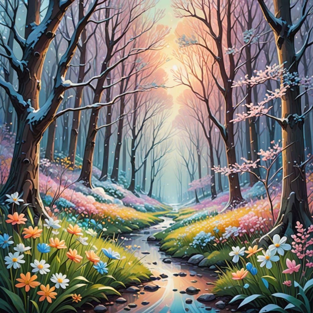 Winter and Spring Meet: A Whimsical Oil Painting