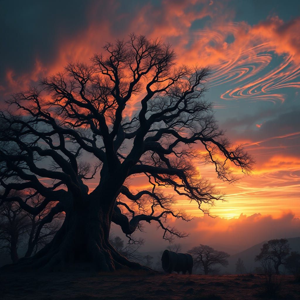 Mystical Sunset Realm with Ancient Tree