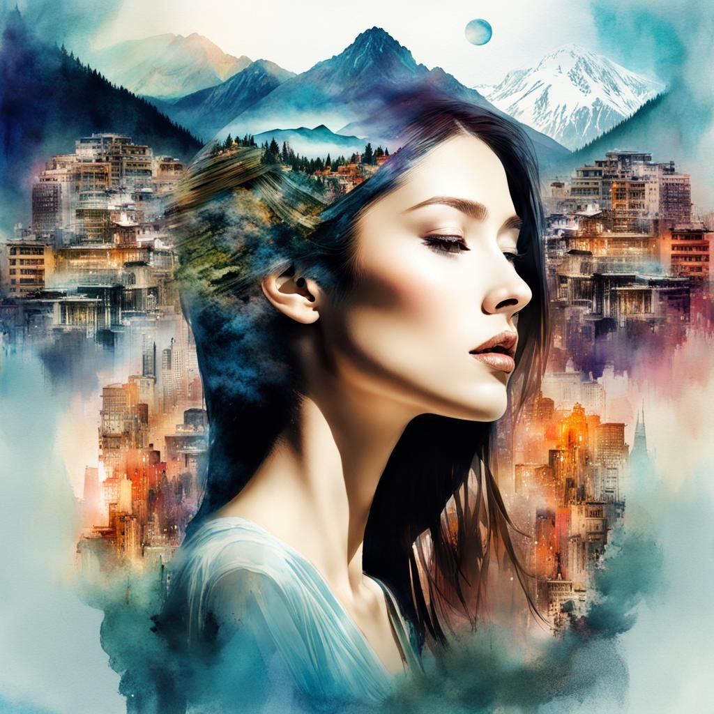 Double Exposure: Woman and Mountain in Watercolor