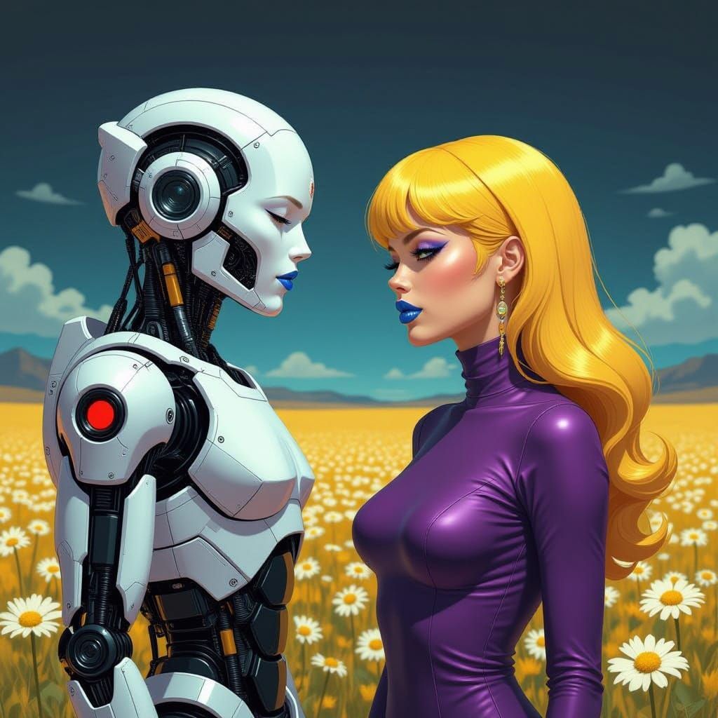 android cyborg against a black backdrop.a purple spider liquid woman ;blue lips, and yellow hair, in a field with chamom...