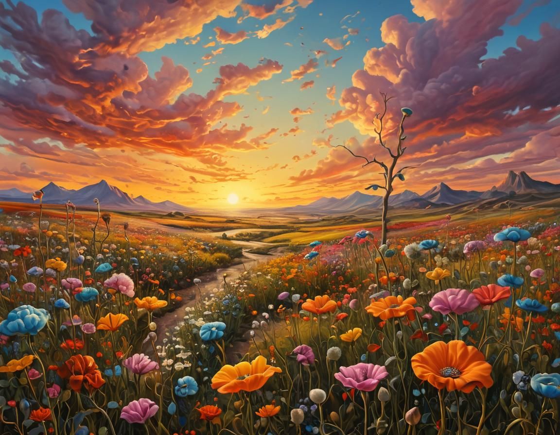 Surreal Sunset Over Flower Meadow in Dali Style
