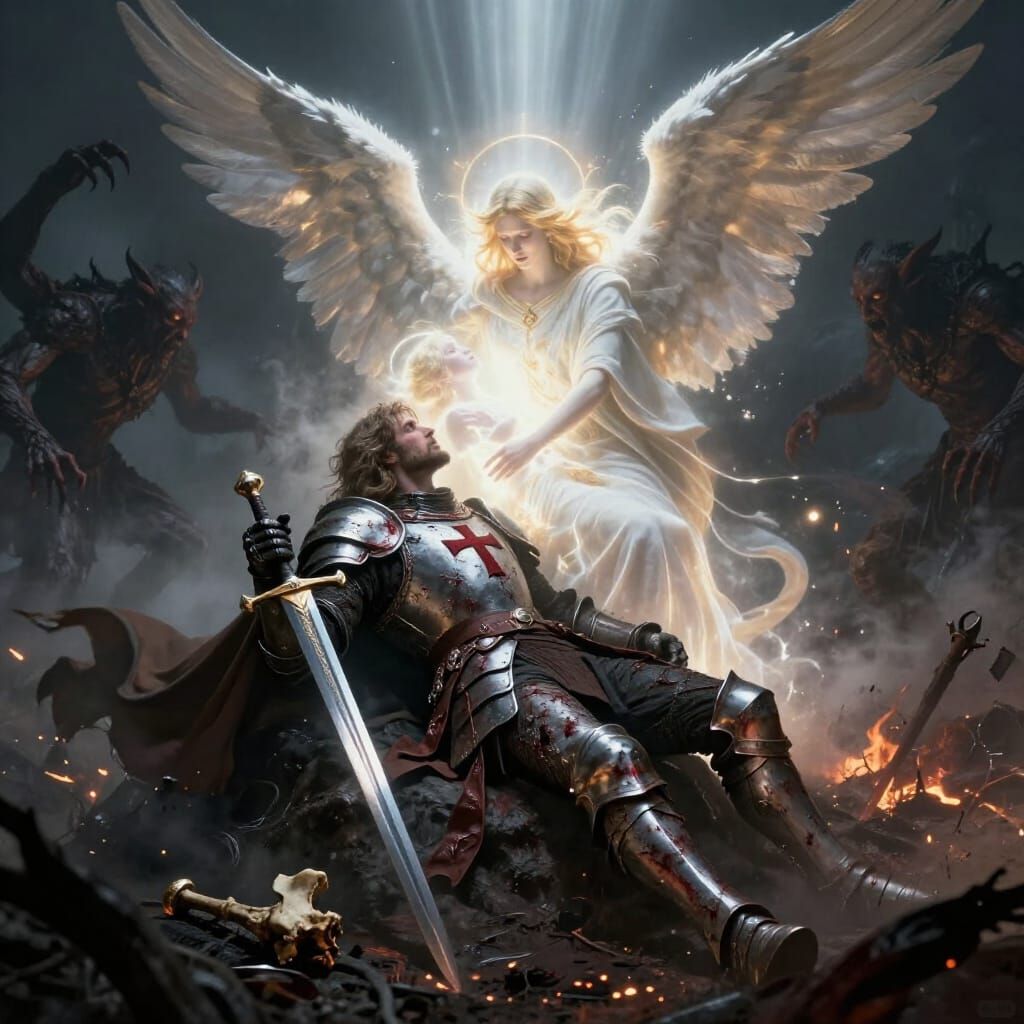 Fallen Paladin Rescued by Radiant Archangel on Dark Battlefi...