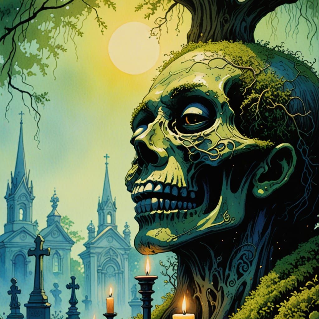 New Orleans Voodoo Cemetery Scene in Watercolor Style