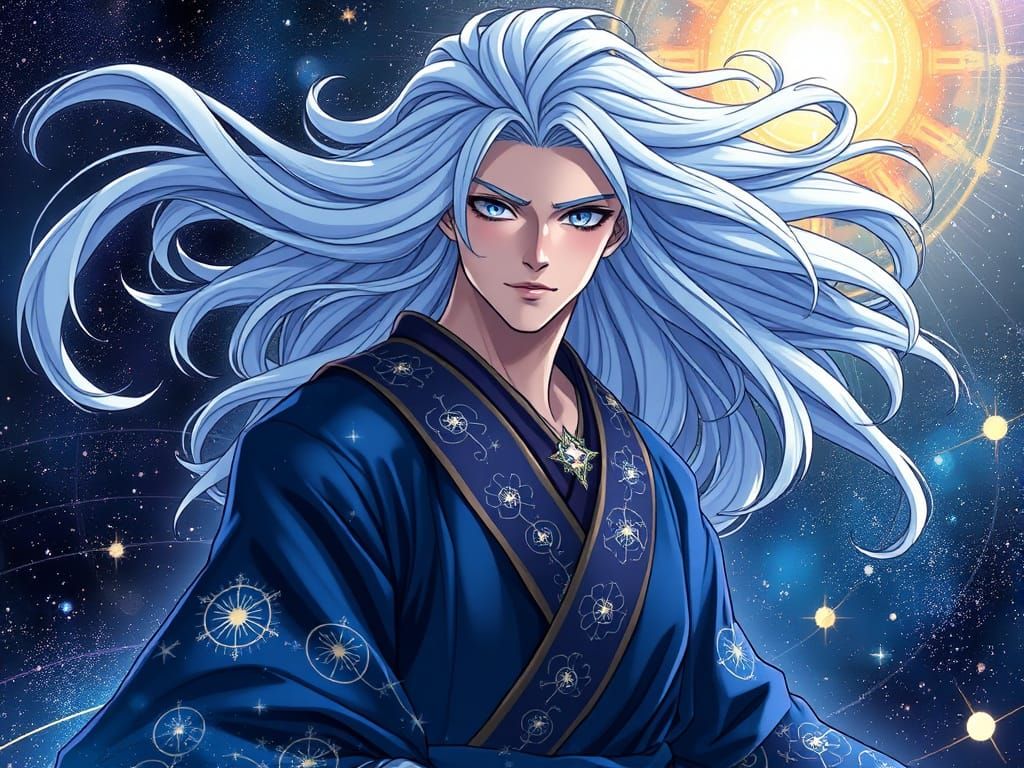 Cosmic Being with Flowing Hair in Anime Style