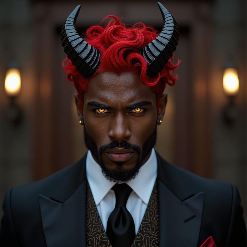 1920s Voodoo Dragon Man with Fiery Hair and Gold Eyes