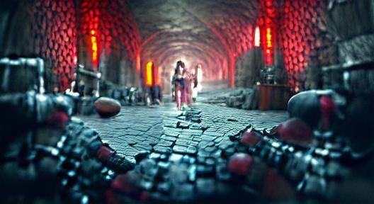 Solarpunk Dungeon with Red Lights and Crystals