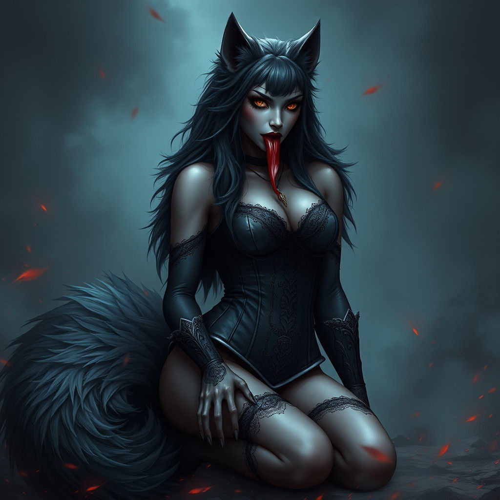 Goth Wolf Woman in Corset with Fluffy Tail