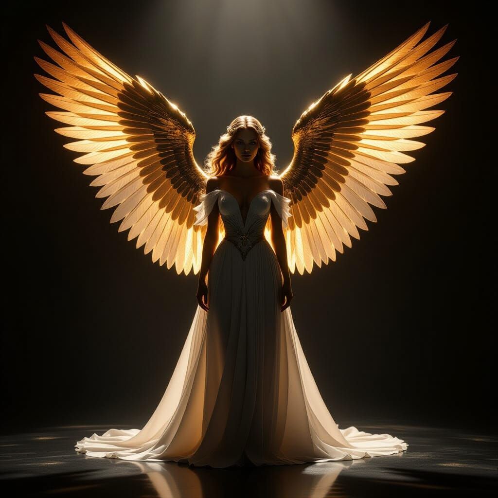 Angel With Gold and Bronze Wings in Dramatic Light
