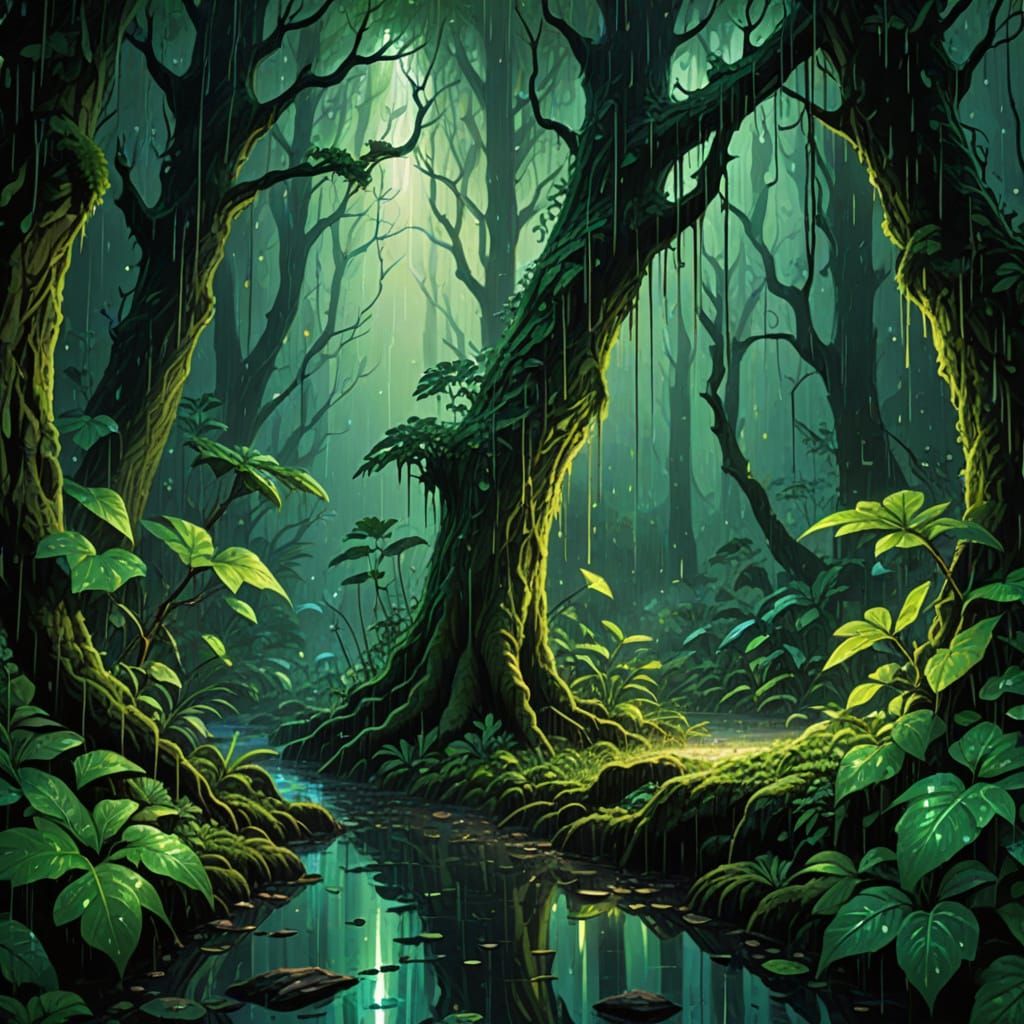 Magical Forest Rain with Glowing Drops