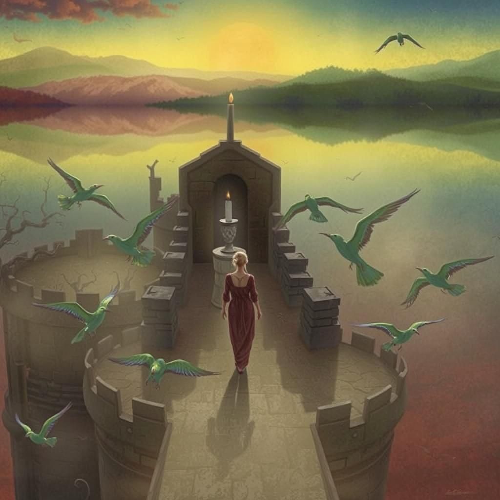 Mystical Tower in Drowned Landscape at Sunrise