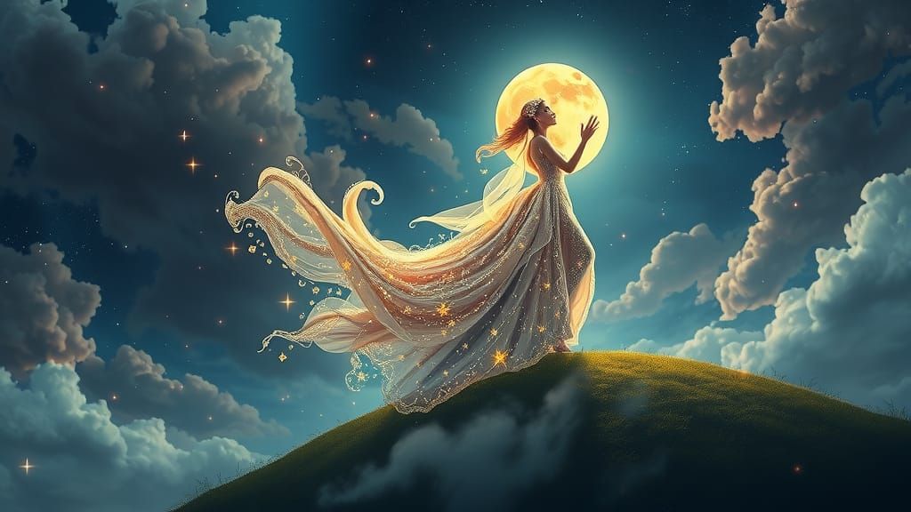 Moon Goddess in Starry Gown: Digital Art