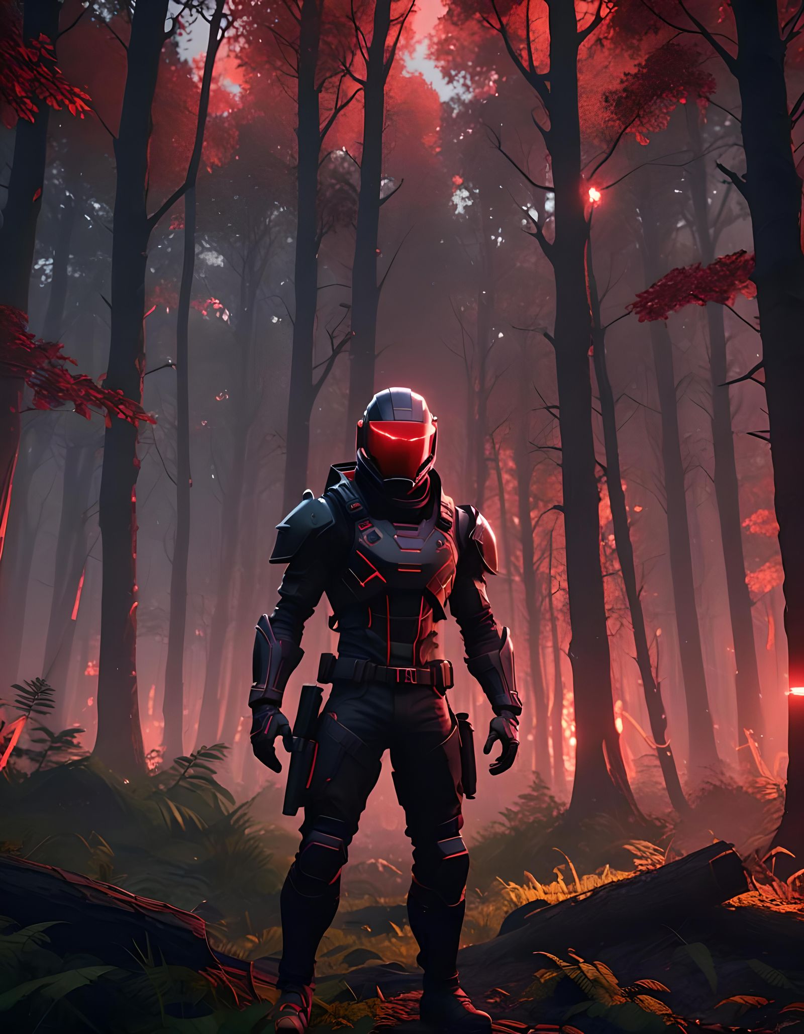 Red Glowing Figure in Dark Forest: 3D Game Art