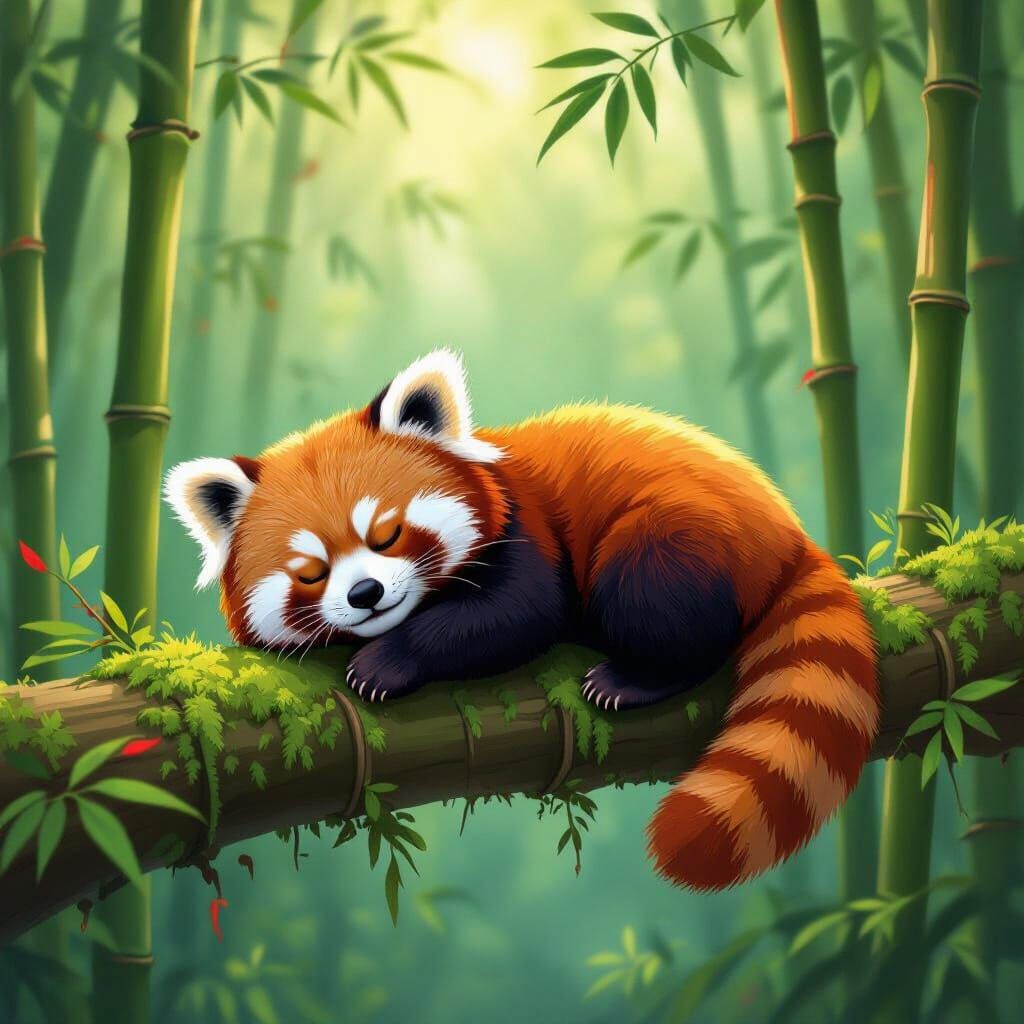 Fat Red Panda Sleeps Peacefully in Enchanted Bamboo Forest