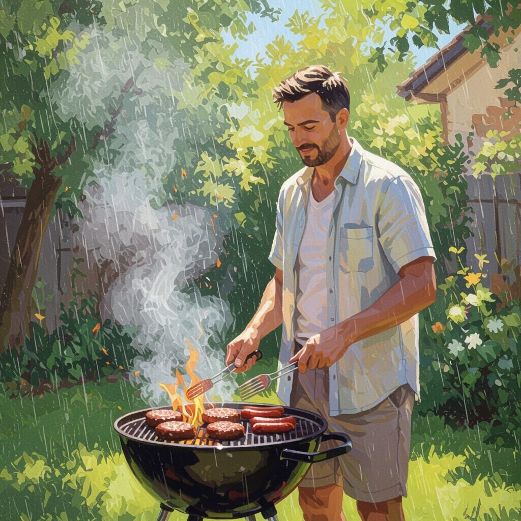 Impressionistic BBQ Interrupted by Summer Rain