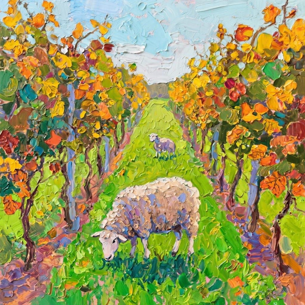Sheep Grazing in Autumn Vineyard, Impasto Acrylic Art