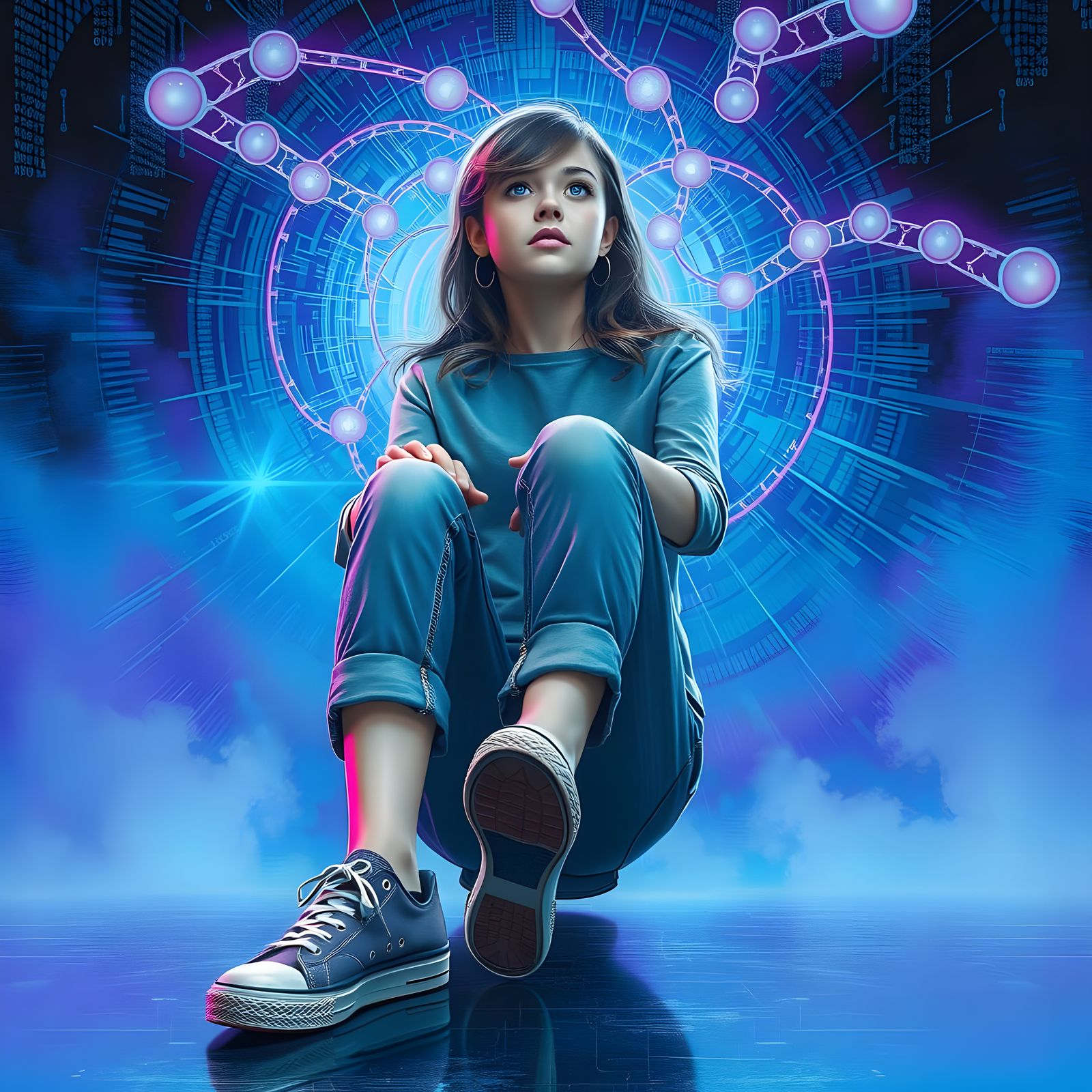 Surreal AI Mind Control Scene in Electric Blues and Purples