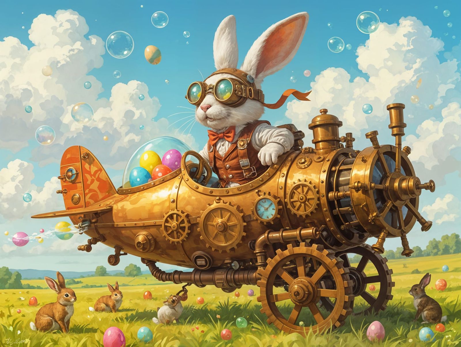 Steampunk Easter Bunny Pilot Soars Through Sunny Landscape
