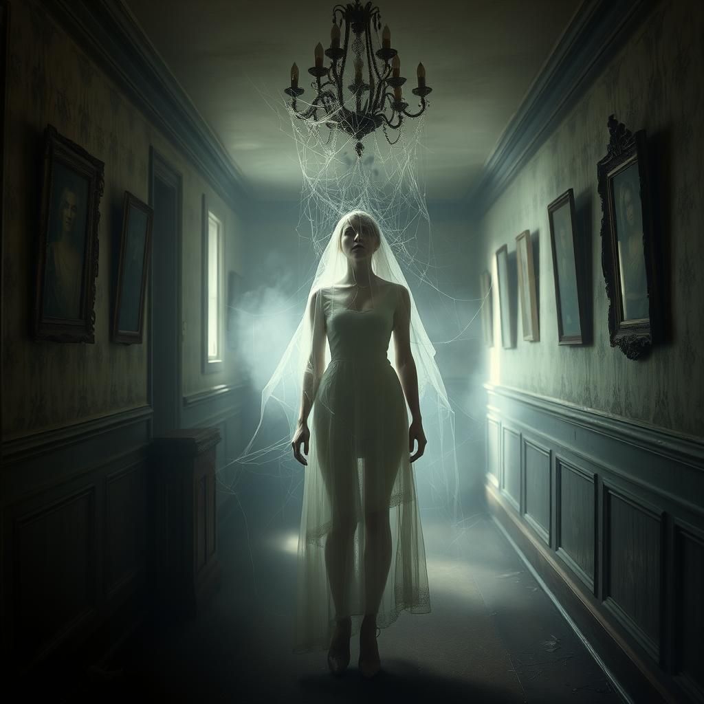 Ethereal Apparition in Foggy Hallway