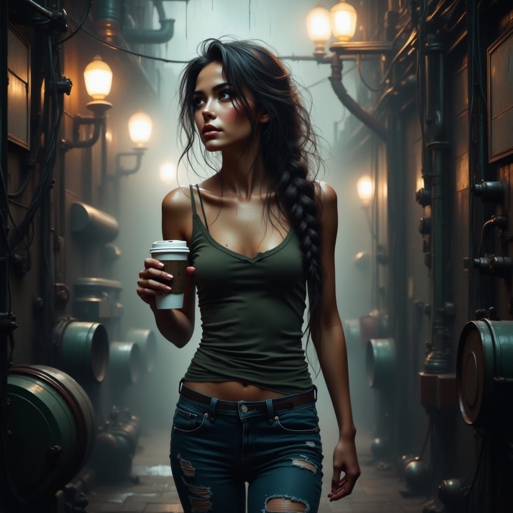 Resilient Young Woman Finds Solace in Coffee Amidst Industri...