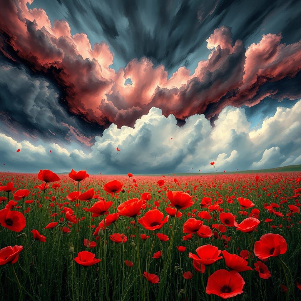 Stormy Poppy Field in Whimsical Dreamlike Style