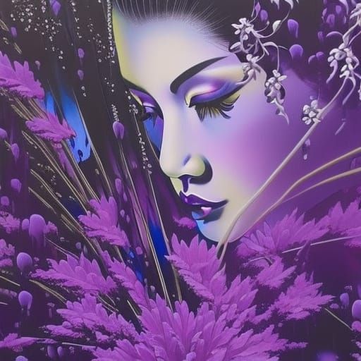 Purple Geisha Portrait with Spray Paint and Gouache