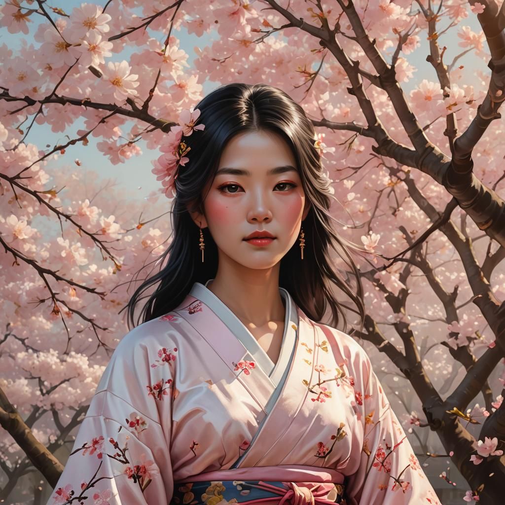 Woman Under Cherry Blossom Tree: Hyperrealistic Digital Art