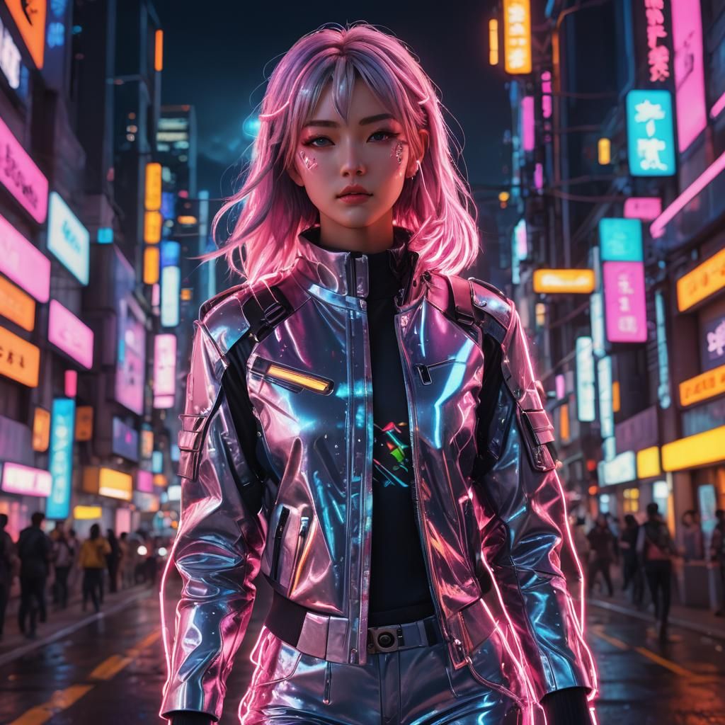 Cool Girl in Neon Cityscape: 3D Anime Art