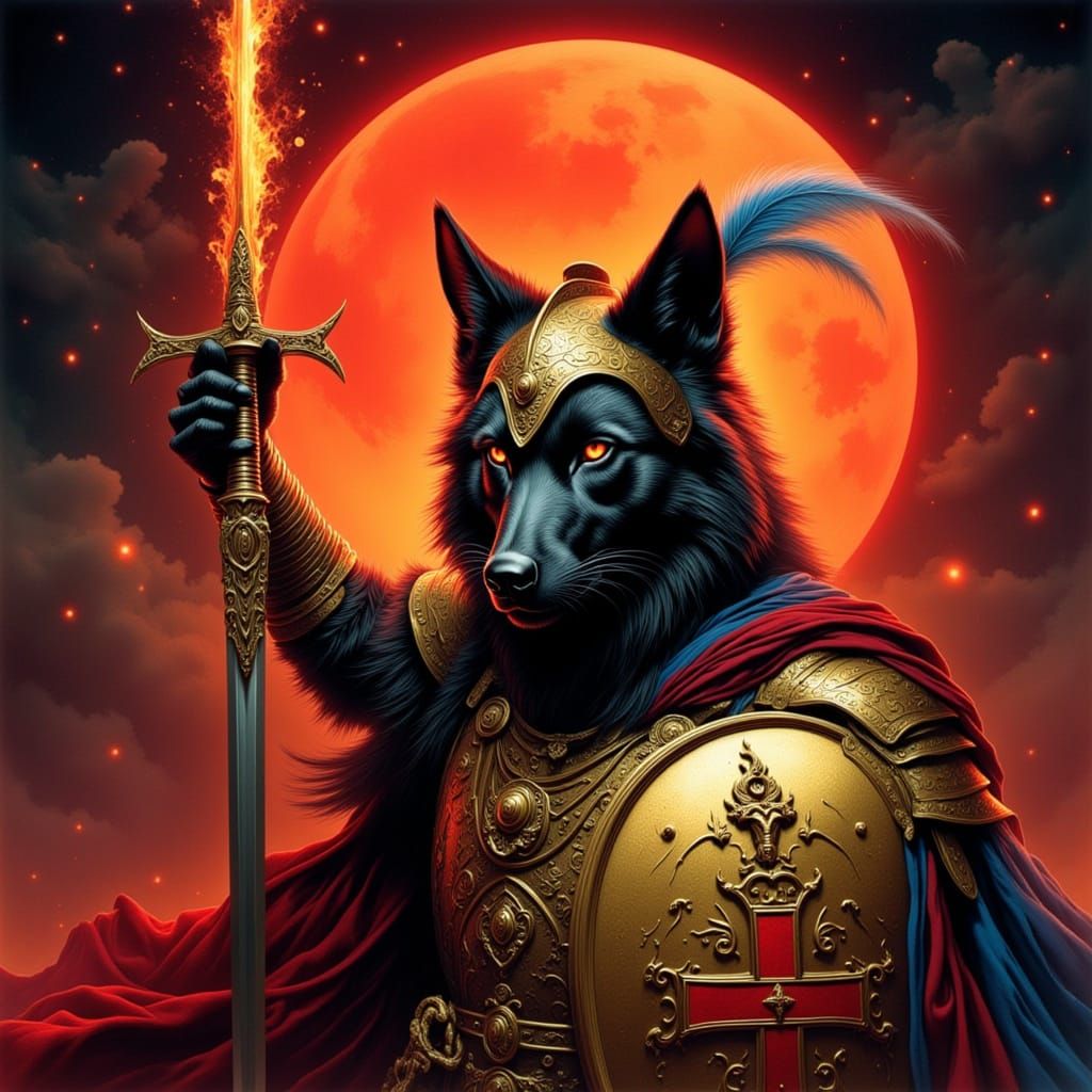 Armored Black Wolf with Fiery Sword in Fantasy Art