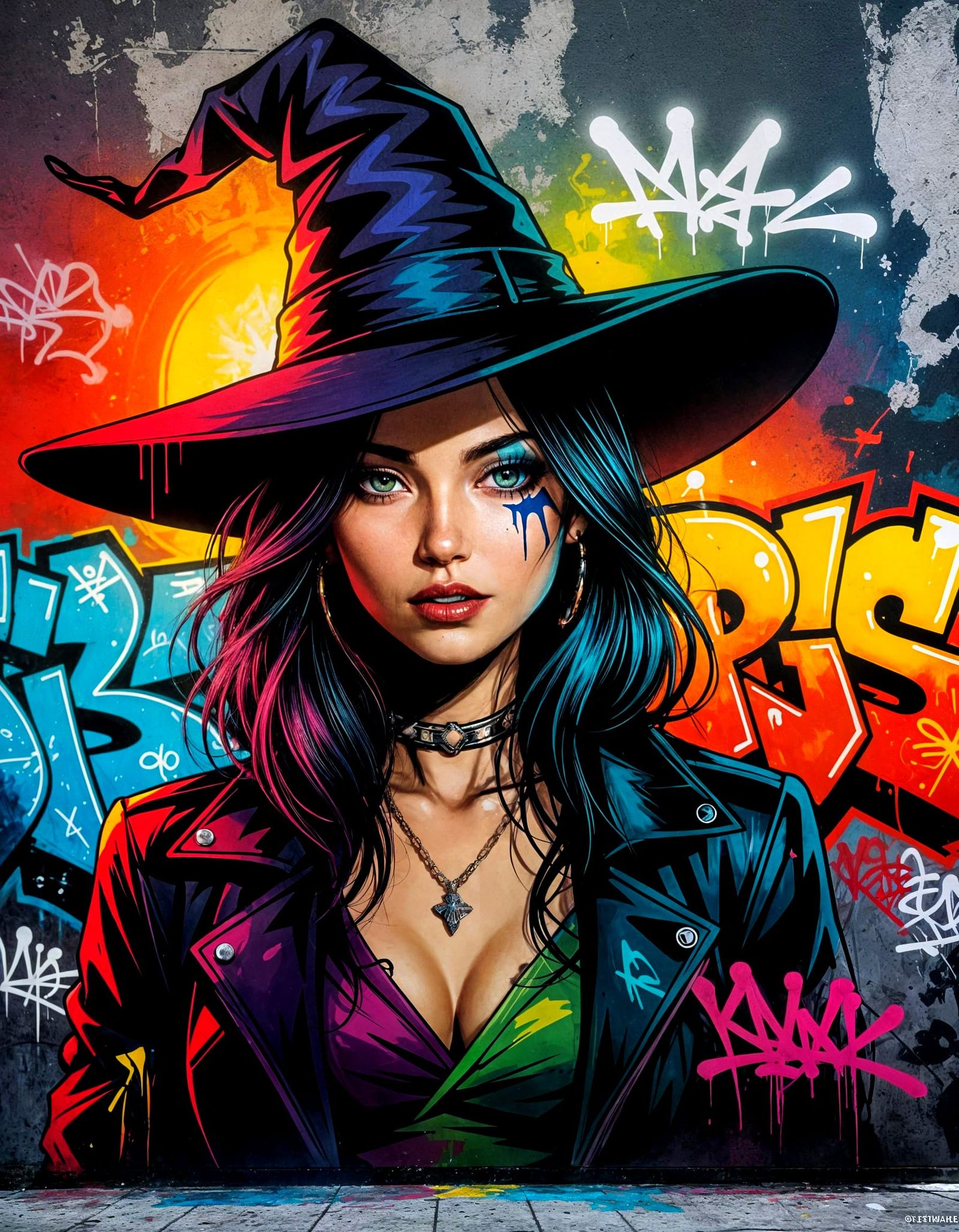 Urban Witch Mural in Anime Graffiti Style