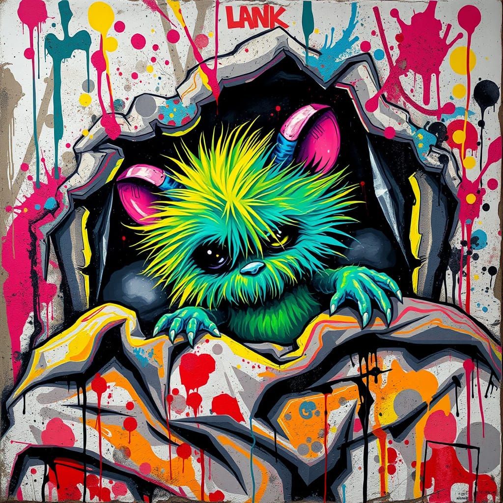 Vibrant Fuzzy Monster Rises from the Shadows in Graffiti Sty...