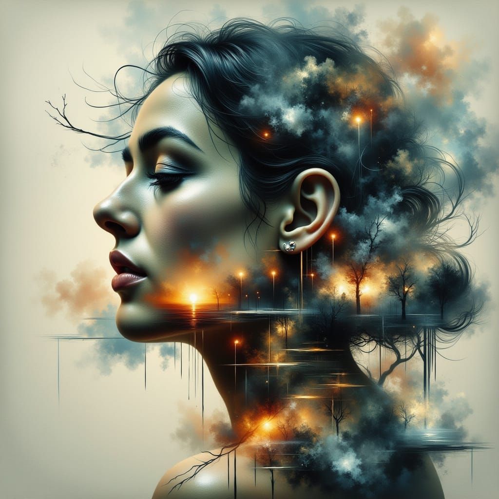 Ethereal Double Exposure Portrait in Dreamlike Space