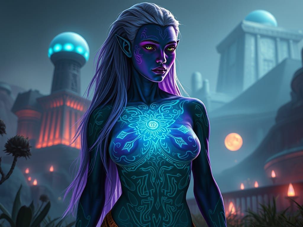 Violet Alien Woman in Surreal Landscape