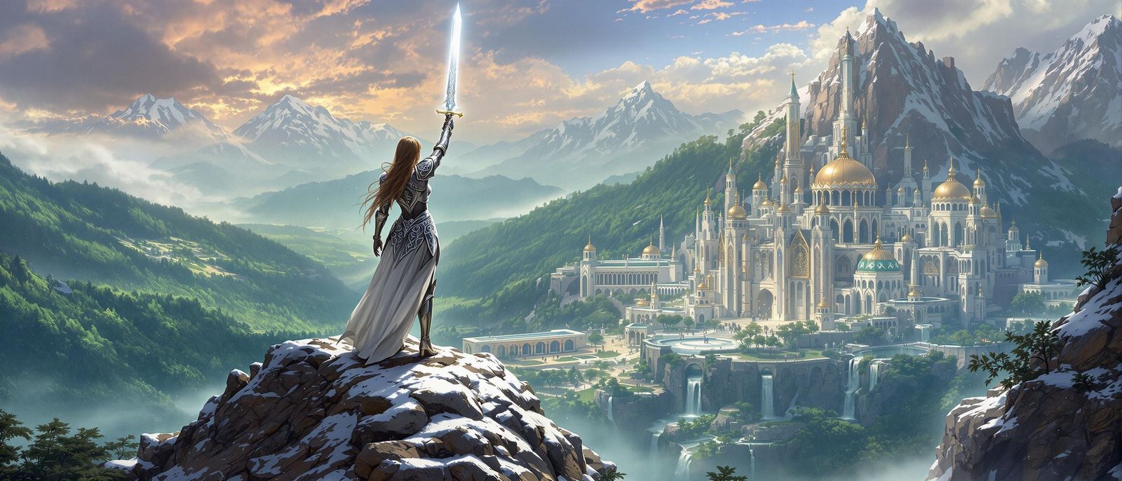 Heroic Warrior-Maiden Surveys Shimmering Realm from Snow-Cap...