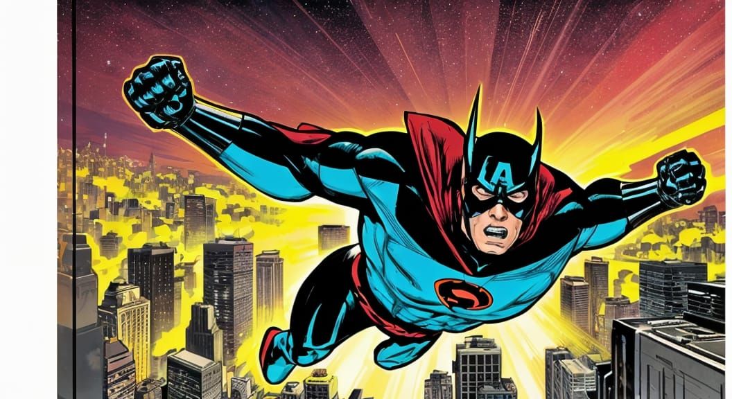 Superhero Soars Over City in Dynamic Comic Style