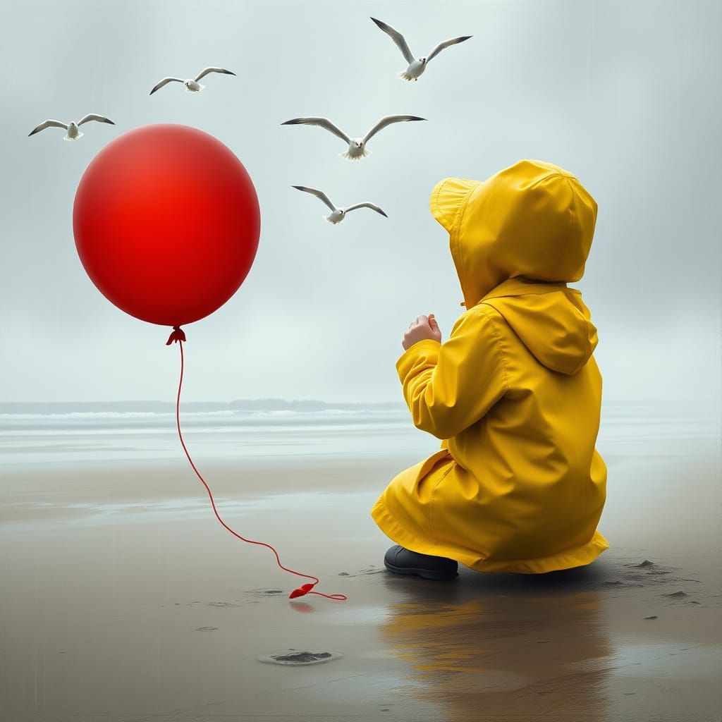 Girl on Rainy Beach, Gazing at Seagulls