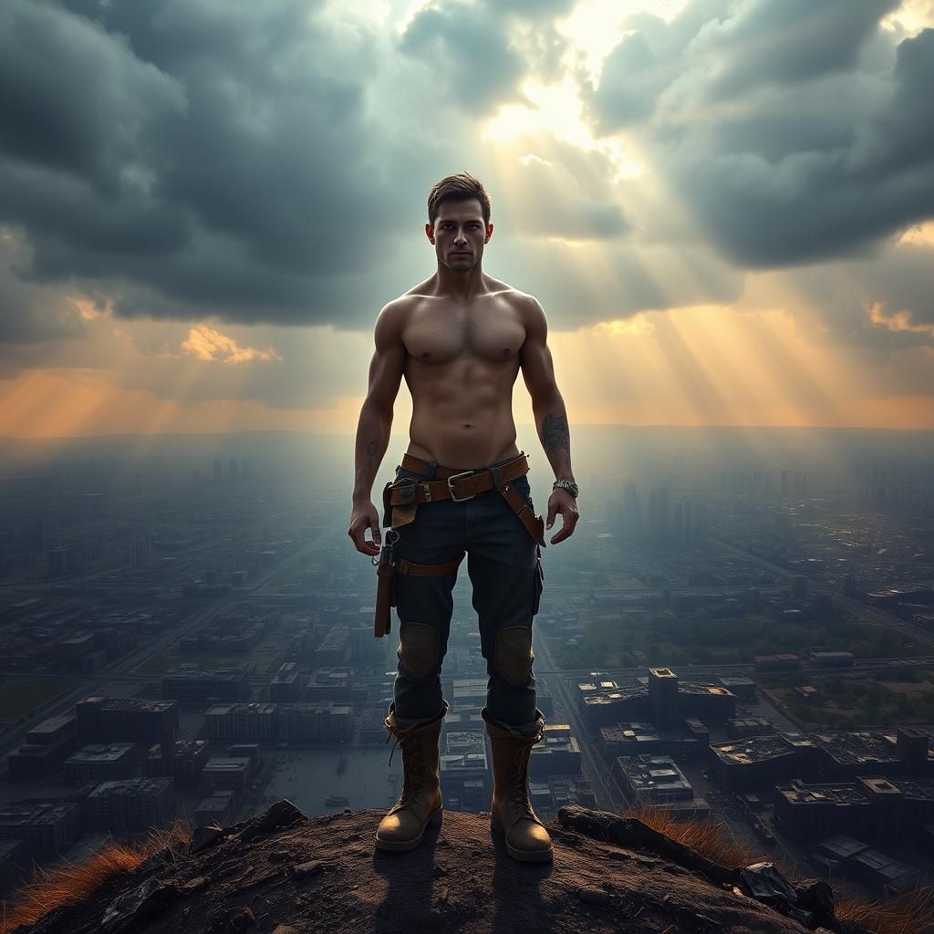 Post-Apocalyptic Man Overlooking Ruined City, Detailed Digit...