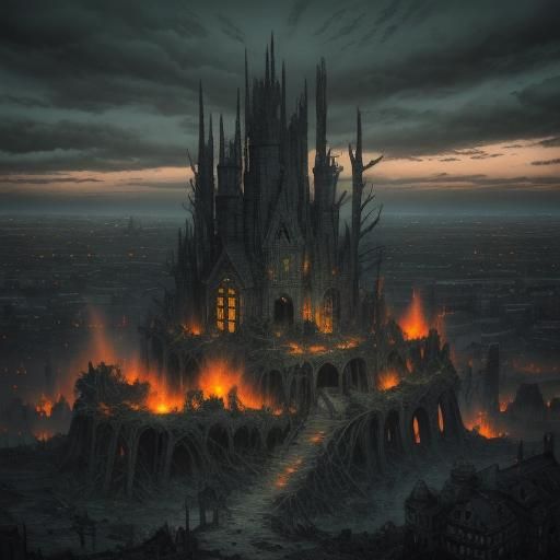 Ravaged Town with Dragons in Dark Fantasy Style