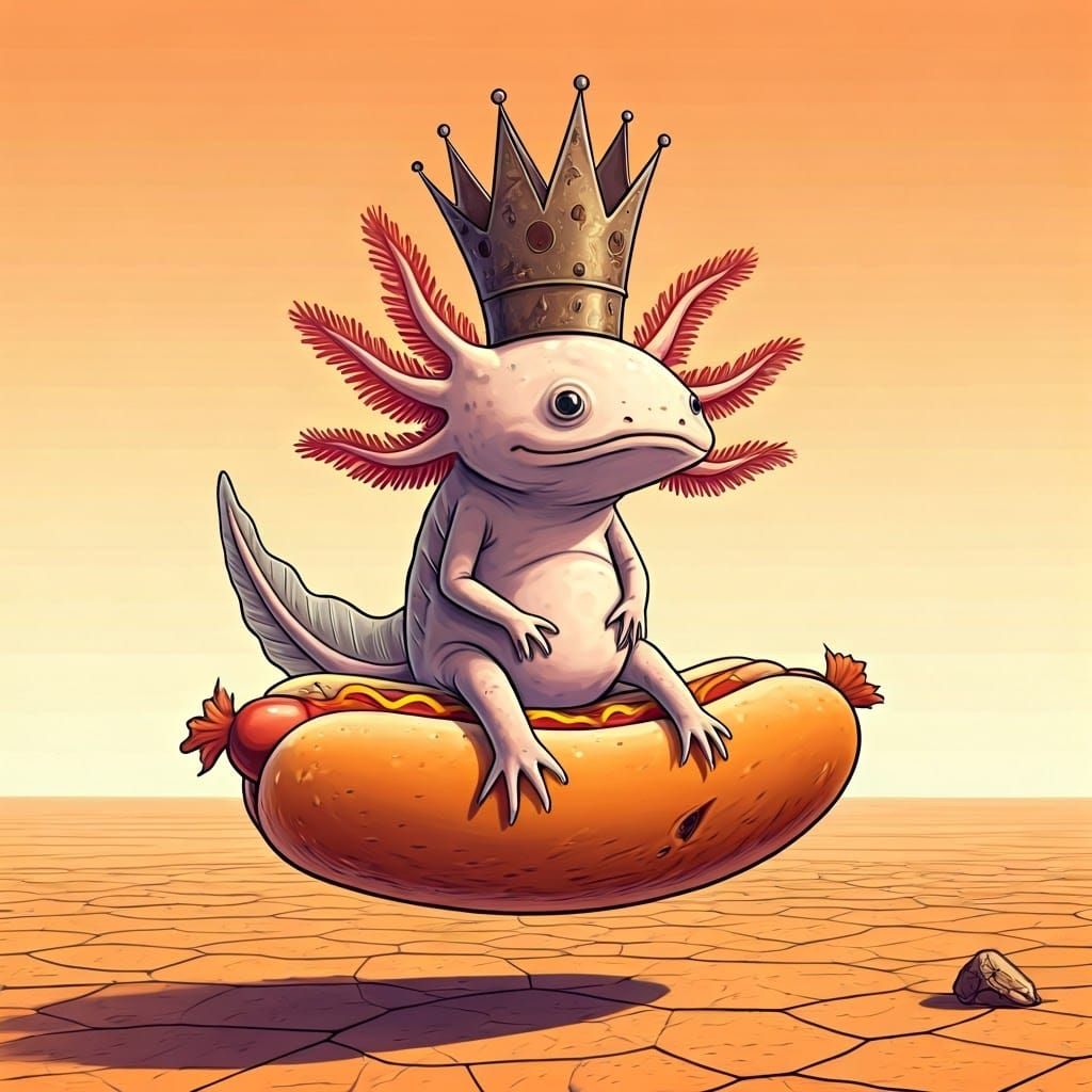 A comically arrogant axolotl wearing an oversized tarnished ...