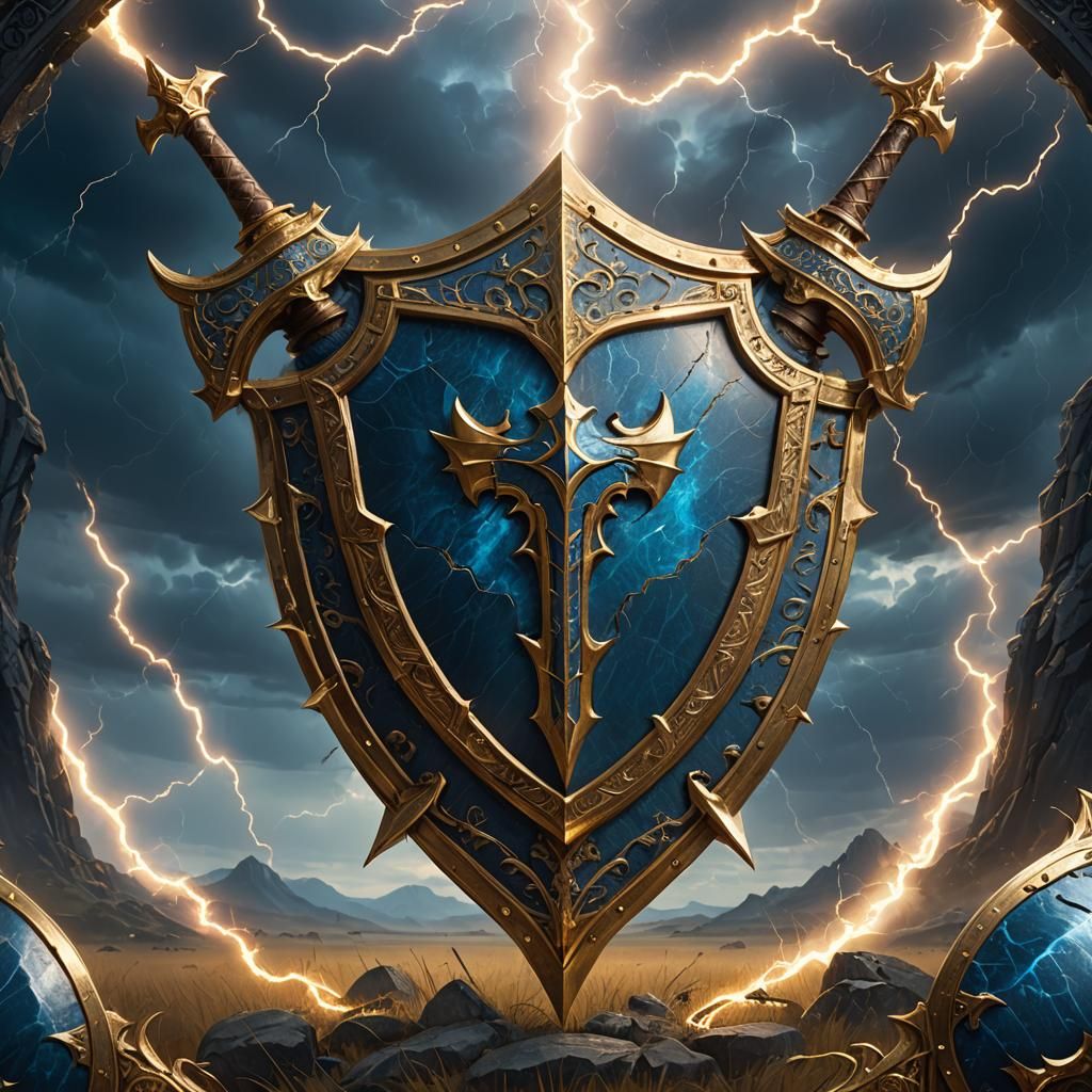 Ornate Fantasy Shield with Axes and Lightning