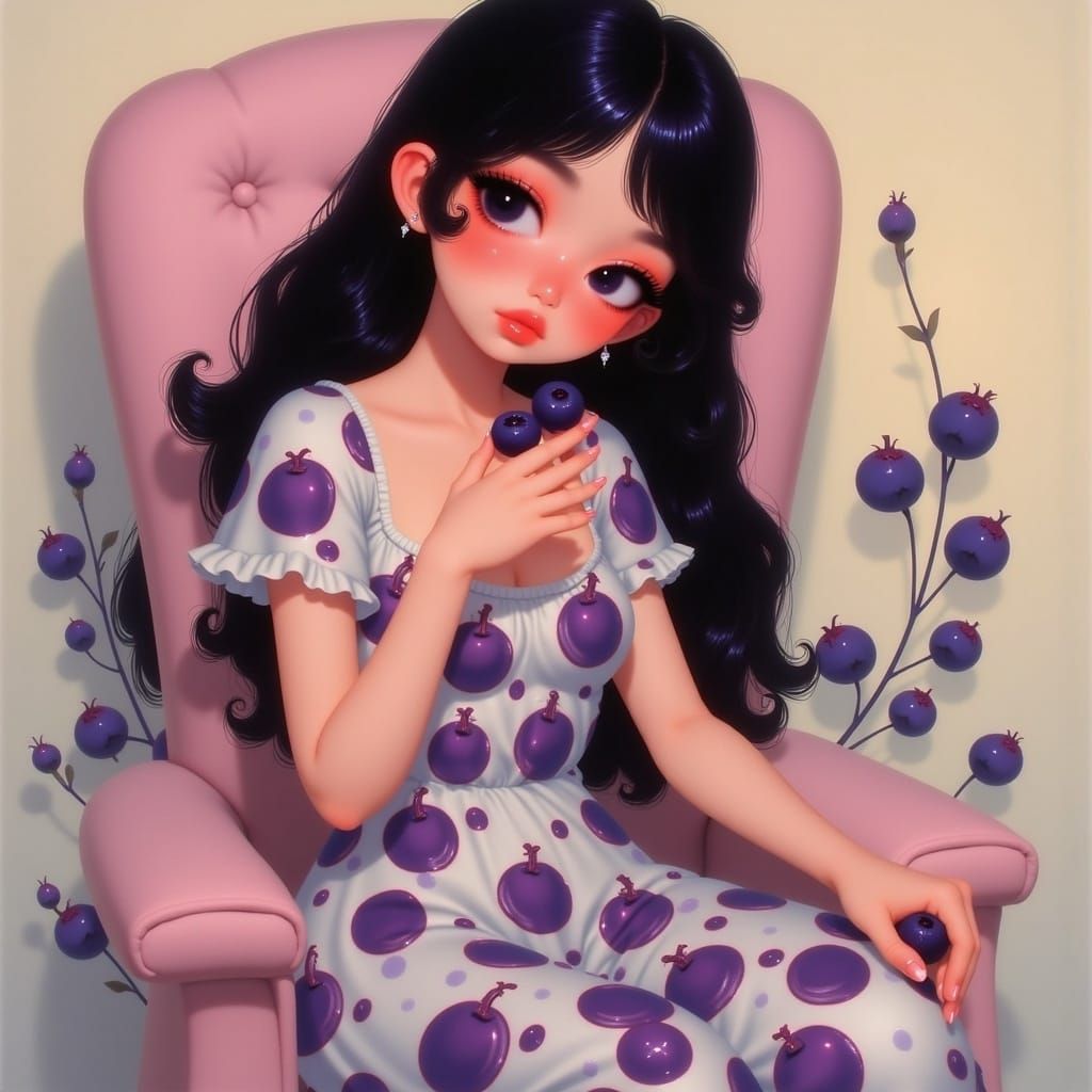 Woman with Purple Eyes in Blueberry Dress